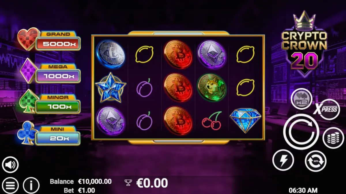 Tampilan layar permainan slot Crypto Crown 20 dengan simbol kripto dan neon