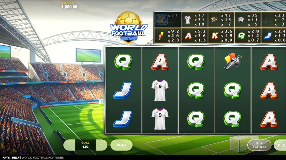 Tampilan layar permainan slot World Football Fortunes dengan tema stadion sepak bola.