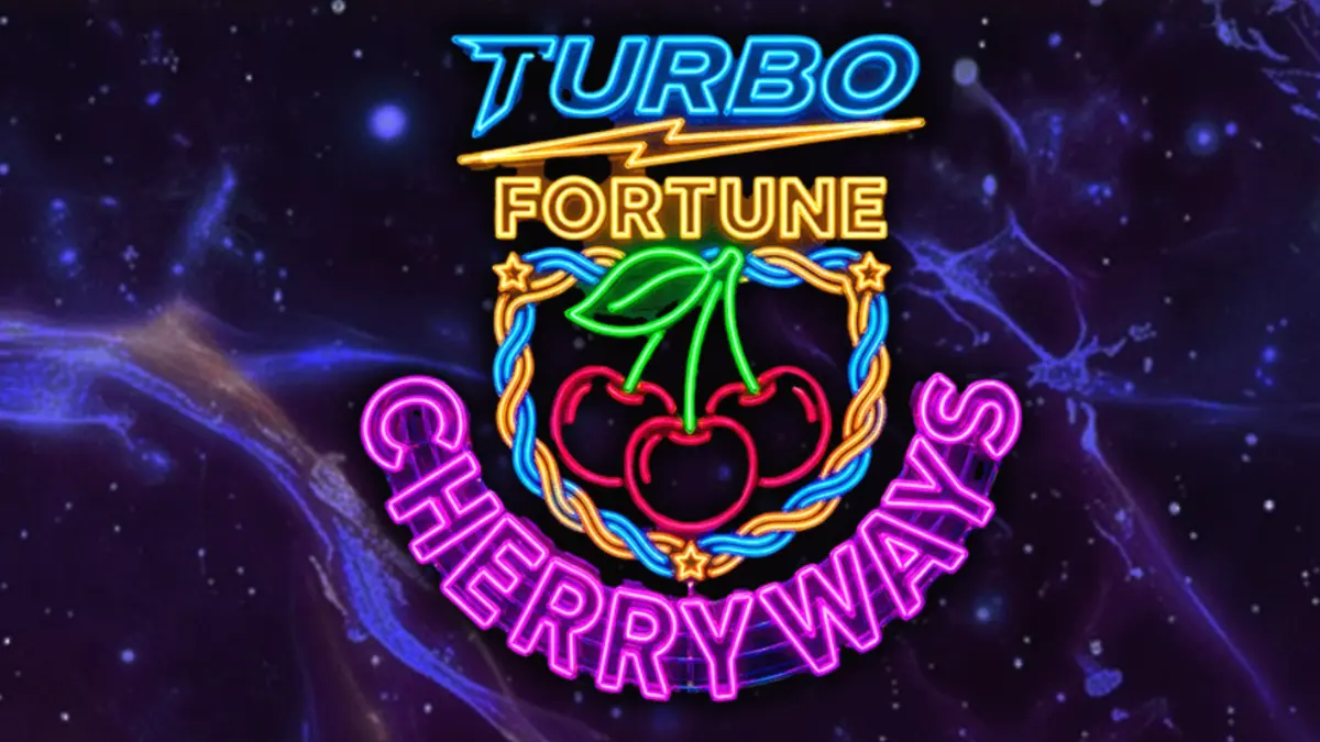 Tampilan visual neon retro-futuristik dari slot Turbo Fortune Cherryways